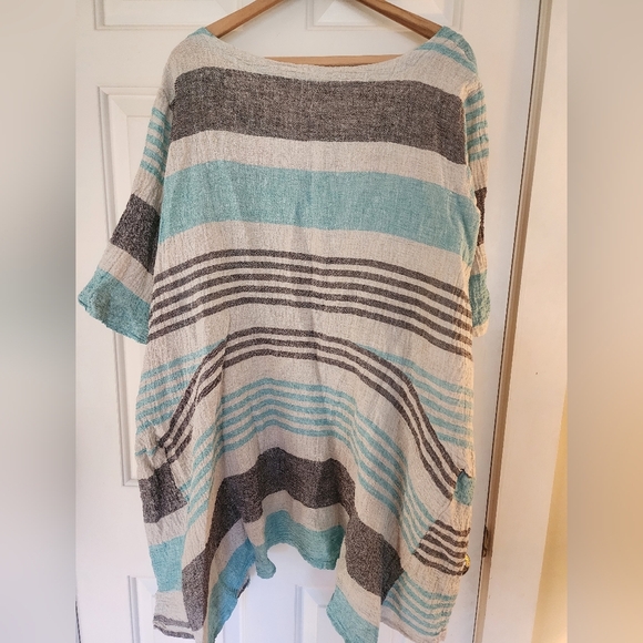 Luukaa Karen Tunic Linen Size 18 Cream & Mint Lagenlook Artsy - Picture 2 of 9